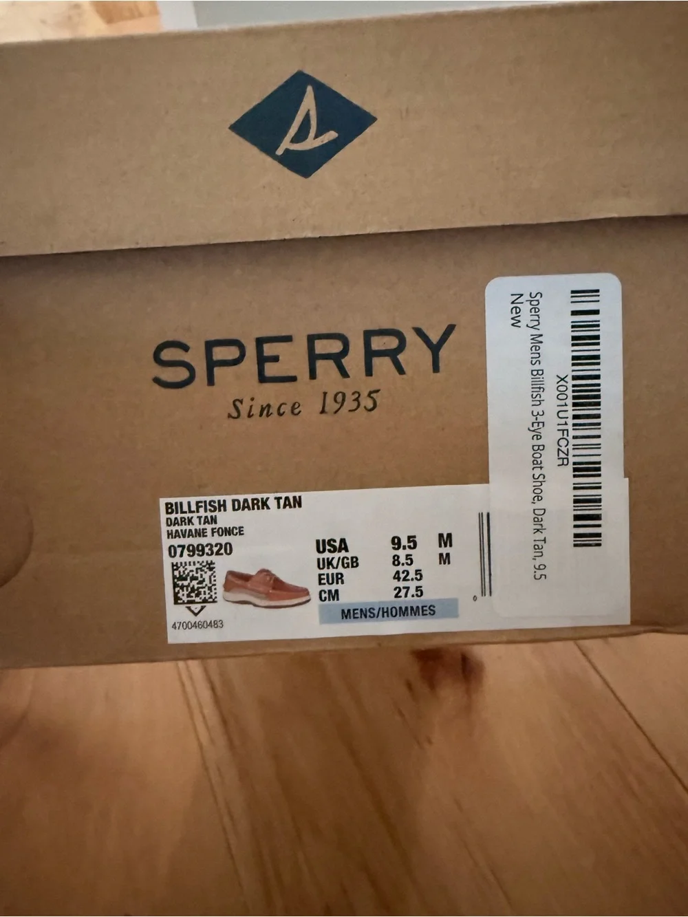 NWT, in box, Men’s Sperry Billfish Dark Tan Leather Boat Shoes, 9.5 never worn